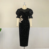 DAIIIBABYYY  -  Women Plus Size Dress Sequin Black Embroidery Chest Wrapped Puff Sleeve Sparkly Dress Cocktail Wedding Guest Classy Party Dress