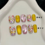 Daiiibabyyy  10pcs Handmade Fake Nails Korean Style Shiny Sequins Press On Nails Short Head Dopamine Color Cat's Eye Wearable False Nail Tips