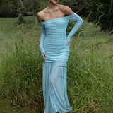 Daiiibabyyy  Fashion Strapless Long Sleeved A-line Dress Office Casual High Waist Pleated Robe Dress Lady One Shoulder Solid Evening Dresses