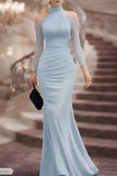 Daiiibabyyy  Elegant Party Wedding Guest Dress Off Shoulder Long Sleeve Mermaid Dresses High Waist Ruched Evening Dress Floor Length Maxi