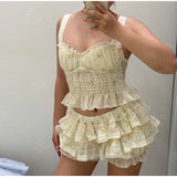 Daiiibabyyy  loral Print Ruffled Cami Top Tiered Skirt Set Slim Fit Sleeveless Summer Romantic Women Sundress Chic Sweet Lady Two-Piece