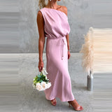 Daiiibabyyy  Off Shoulder Dresses Fashion Women's Diagonal Collar Lace Up A-line Dress Casual Solid Color Sleeveless Party Long Dress