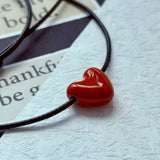 Daiiibabyyy  Korean Simple Stainless Steel Red Heart Pendant Black Wax Cord Adjustable Long Necklace for Women Retro Fashion Valentines Gifts