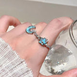 Daiiibabyyy  New Blue Planet Star Moon Rings for Women Zircon Rhinestone Pearl Open Finger Rings Sweet Party Y2K Jewelry 2000S Girls Gifts
