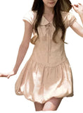 Daiiibabyyy  Pink Polka Dot Doll Collar Mini Dress Women's Summer New Style French Waist Cinched Beautiful Bud Short Skirt Dress