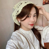 Daiiibabyyy  Pastoral Style Handmade Knitted Headscarf Hat Triangle Sunshade Crochet Headband Hollowed Flower Headscarf Beach Photography