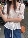 DAIIIBABYYY  -  Korean Chic Summer French Ethnic Embroidery Flower Pleat Drawstring Waist Cinching Slim Versatile Short Sleeved Shirt