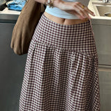 Daiiibabyyy  French Vintage Long Skirt For Women Casual Low Waist Plaid A Line Skirt Spring Summer Daily Commute Holiday Outfit Trend