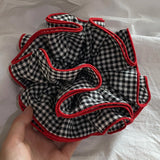 Daiiibabyyy  1PC Black And White Gingham Hair Scrunchie With Red Trim, Large Voluminous Hair Tie, Stylish Hair Accessory For Women