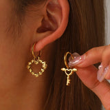 Daiiibabyyy  Stainless Steel Asymmetric Hoop Earrings Light Luxury Romantic Heart Spliced Wings Key Earrings for Women Jewelry Party Matching
