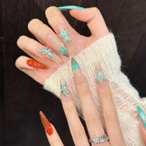 Daiiibabyyy  10Pcs Long Oval Handmade False Nails Ice Blue Color With 3D Flower Design Glitter Fake Nail Tips For Women Lady Press on Nails