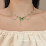 DAIIIBABYYY  -  Y2K Kpop Green Crystal Butterfly Tassel Choker Necklace for Women Korean Fashion INS Fairy Girls Metal Chain Necklace