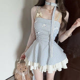 Daiiibabyyy  Women Sweet Blue Plaid Dress Sexy Backless Spaghetti Strap Slip Dress Summer Preppy Style Pleated Layered Mini Party Vestidos