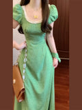 DAIIIBABYYY  -  French Bubble Sleeve Wave Point Green Dress For Women Summer New Seaside Vacation High Waist Temperament Long Style Dresses