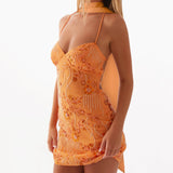 Daiiibabyyy  Women's Summer Sequined Flower Embroidery Beaded Bodycon Mini Dress Sleeveless Spaghetti Strap V Neck Night Out Dress with Scarf