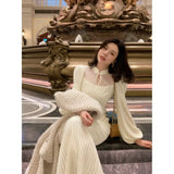 Daiiibabyyy  Autumn Winter Elegant Knitted Evening Party Dress Women Patchwork Vintage Casual Midi Dress Female Korean Style Clothing