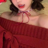 Daiiibabyyy  Vintage White Lace Collar Choker Red Bowknot Pearl Pendant Necklace For Women Girl Y2K Party Aesthetic Charm Accessories Jewelry