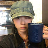 DAIIIBABYYY  -  Korean Retro Rivet Denim Flat Top Newsboy Cap Spring and Autumn Niche Fashion Washed and Made Old Y2k Trend Beret Hat for Women