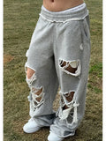 Daiiibabyyy  Vintage Gray Distressed Joggers Women Baggy Hip Hop Style Grunge Wide Leg Sweatpants Oversized Street Fashion Trousers