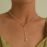 Daiiibabyyy  Sweet Pearl Tassel Bow Charm Necklace Girls Simple Temperament Clavicle Chain Daily Party Fashion Jewelry