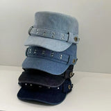 Daiiibabyyy  Fashion Cloth Rivet Denim Beret Y2k Korean Style Rivet Flat Top Washed Denim Fashion Retro Painter Hat Outdoor