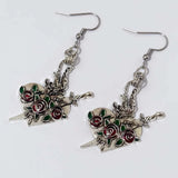 Daiiibabyyy  Gothic Retro Silver Color Sword Relief Rose Flower-shaped  Heart Pendant Dangle Earrings for Women Halloween Earrings Jewelry