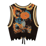 DAIIIBABYYY  -  Women's Ethnic Style V-neck Sleeveless Knitted Vests Spring Autumn Niche Jacquard Lace-up Casual All-match Short Vest Jackets