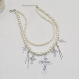 DAIIIBABYYY  -  Double layer pearl tassel necklace personalized diamond cross pendant necklace