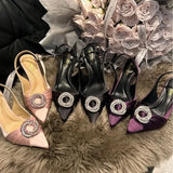 Daiiibabyyy  Luxury Designer Women's Shoes Exquisite Rhinestone High-heeled Sandals for Woman French Pointed Tip Casual Shoes Sandalias Mujer