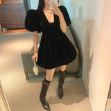 DAIIIBABYYY  -  Women's Retro Square Neck Palace Style Puff Sleeve Velvet Puffy Dress  Autumn Slim Waist Tutu Short Dresses Female Clothing