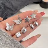 DAIIIBABYYY  -  Silver Plated Elegant INS Style Butterfly Star Stud Earrings Set Women Korean Fashion Simple Geometric Earring Jewelry