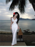 DAIIIBABYYY  -  New Fashion Holiday Yellow White Camis Slip Long Dress Backless Ruffles V Neck Seaside Beach Dress Sexy Hollow Waist Fairy Dress