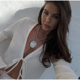 Daiiibabyyy 2024 Summer Elegant Solid Vacation 2 Piece Set Women V Neck Lace Up Long Flare Sleeve Tops Drawstring Shorts Beachwear Outfits