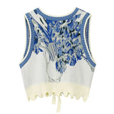 DAIIIBABYYY  -  Women's Ethnic Style V-neck Sleeveless Knitted Vests Spring Autumn Niche Jacquard Lace-up Casual All-match Short Vest Jackets