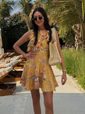 Daiiibabyyy  Elegant O-neck Sleeveless Ruffle Trim Dress Fashion Yellow Floral Printed Mini Dress For Women Lady Beach Holiday Vestidos