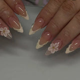 Daiiibabyyy  10pcs Handmade Nude Press-On Nails - 3D White Flower & Gold Studs Decor, Elegant Romantic Nail Supplies