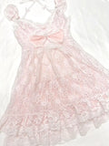 Daiiibabyyy  Coquette Sweet Vintage Lolita 2 Piece Dress Set Women Lace Bow Halter Puff Strap Ruched Waist Slim Fit Mini Dress Elegant Outfit