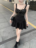 DAIIIBABYYY  -  Black Sequin Camisole Dress Women Summer Short Stature Waist Cinching Temperament Ballet Style A-line Fluffy Short