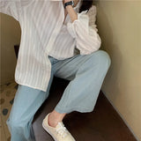DAIIIBABYYY  -  Temperament Collar Shirt Women's Single Breasted Simple and Versatile Dark Striped Long Sleeved Shirt