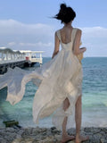 DAIIIBABYYY  -  French First Love Strap Heavy Duty Lotus Leaf Edge Dress Summer Vacation White Embroidered Super Fairy Long