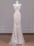 Daiiibabyyy  Sexy Champagne Sequins Prom Dresses Sweetheart Strapless Open Back Evening Party Dress Mermaid Sleeveless Formal Occasion Dress