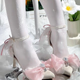 Daiiibabyyy  Mid Heel Shoes Woman Pink Green White Heels Pointed Toe Bridal Heels Lolita Heels Y2K Accessories Bow Pearl Stiletto Women