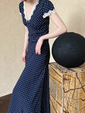 DAIIIBABYYY  -  French Lace Polyester Fiber Patchwork Dress, Summer V-neck, Elegant Polka Dot, Waistband, Slimming Long Skirt