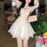 Daiiibabyyy  Summer French Style Square Collar Mini Dress Fashion Gauze Lace Spliced Female Clothing Elegant Puff Sleeve Ball Gown Dresses