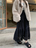DAIIIBABYYY  -  Sweet Gentle Style Lace Plus Velvet Warm Skirts Women Autumn Winter High Waist Slimming Versatile A-line Long Temperament Skirt