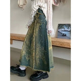DAIIIBABYYY  -  Y2K Print Denim Midi Skirt Women Vintage Beading Raw Edge Wrap Jeans Skirts Summer Gyaru Harajuku High Waist Design Faldas