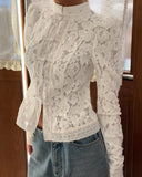 Daiiibabyyy  Lace Blouse Crochet Slim Fit Blouse Stand Collar Elegant Commuter Shirt Cute Feminine Breathable Button Down Stylish Shirt