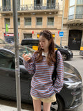 DAIIIBABYYY  -  Korean Women T Shirt 2025 A Niche Contrasting Striped Pullover Spring New American Retro Style Loose Versatile Top