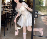 Daiiibabyyy  Summer French Style Square Collar Mini Dress Fashion Gauze Lace Spliced Female Clothing Elegant Puff Sleeve Ball Gown Dresses