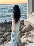Daiiibabyyy Vintage Elegant Satin Strap Midi Dress Women Summer Casual Even Party Dress Pure Color Korean Fashion One Piece Dress Chic